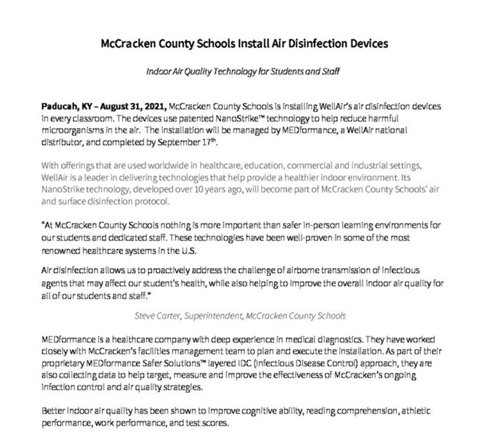 McCracken County Schools District Installs Air Purifiers in Classrooms with MEDFORMANCE