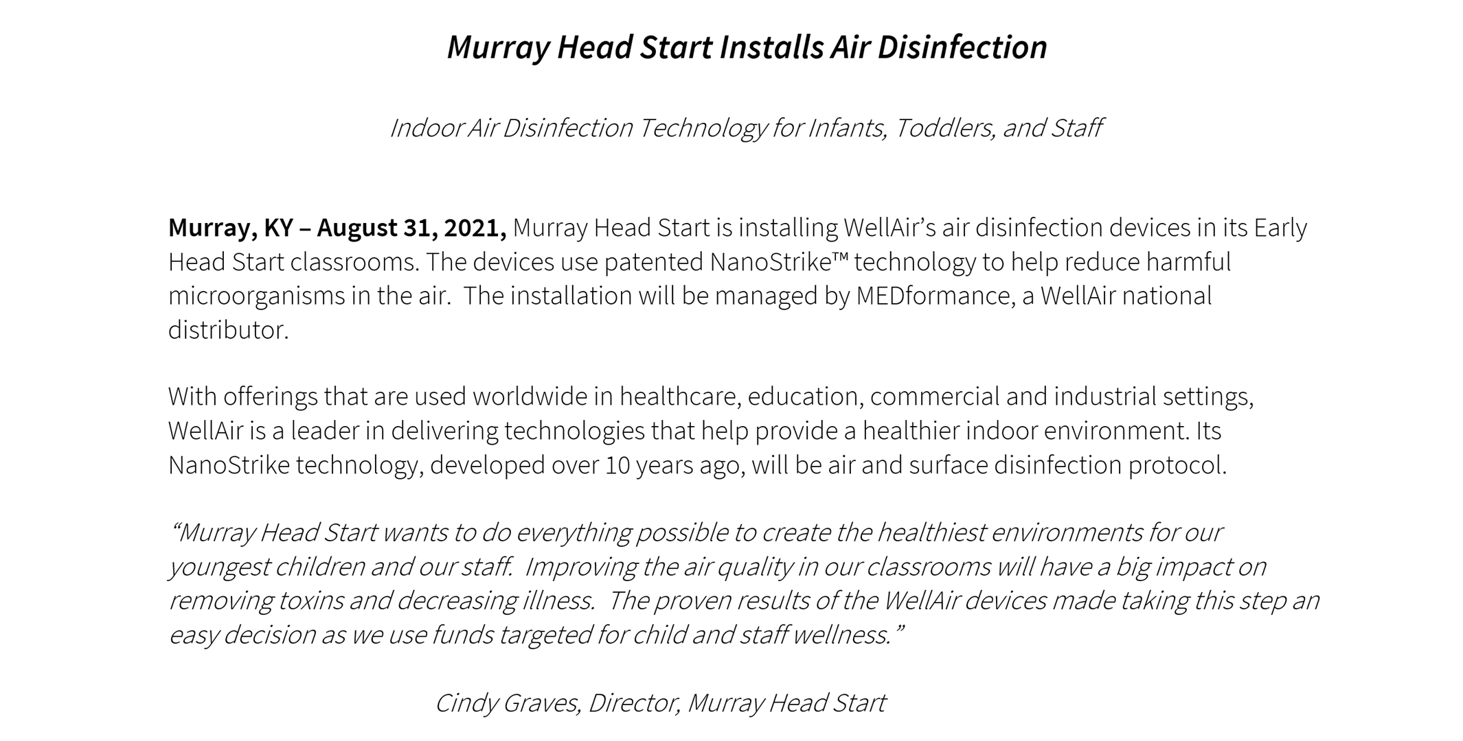 Murray Head Start Installs Air Disinfection